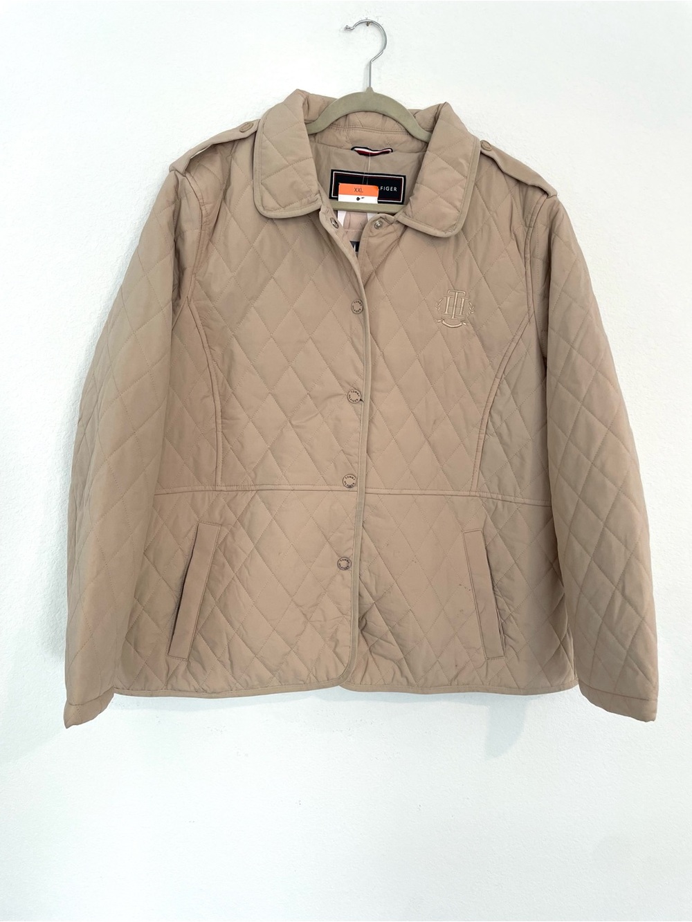 Tommy Hilfiger Quilted Tan Button-Front Puffer Jacket